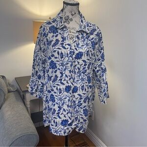 Rachel Zoe Blue and White Floral Linen Shirt 3/4 Sleeves Pop Over Blouse in EUC